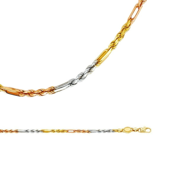 Rope Chain Solid 14k Yellow White Rose Gold Necklace Twisted Diamond Cut Tri Color, 3 mm - 20 inch