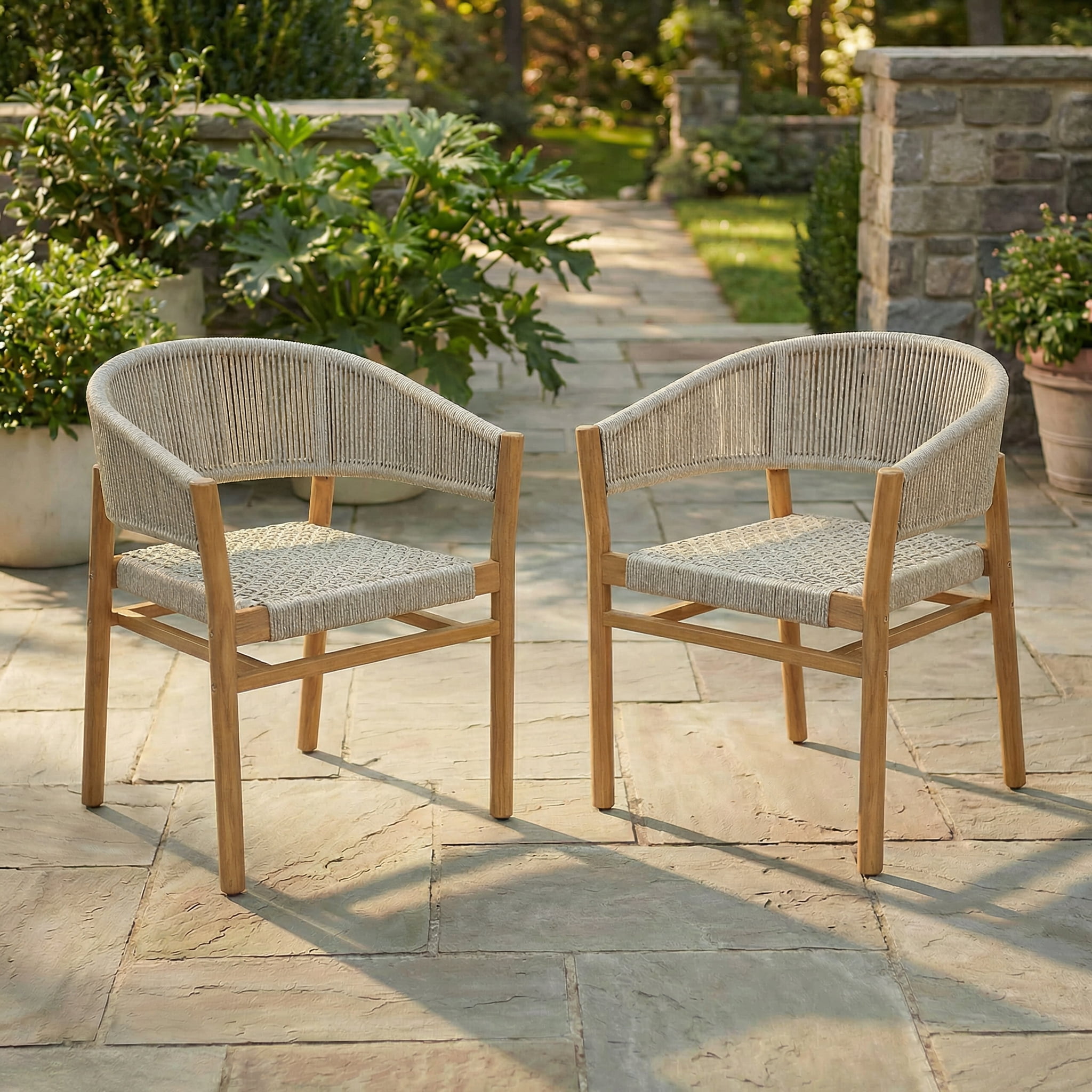 Rope Design Accent Chairs Set of 2, Outdoor Patio Seating Furniture, Teak Finish and Natural Rope