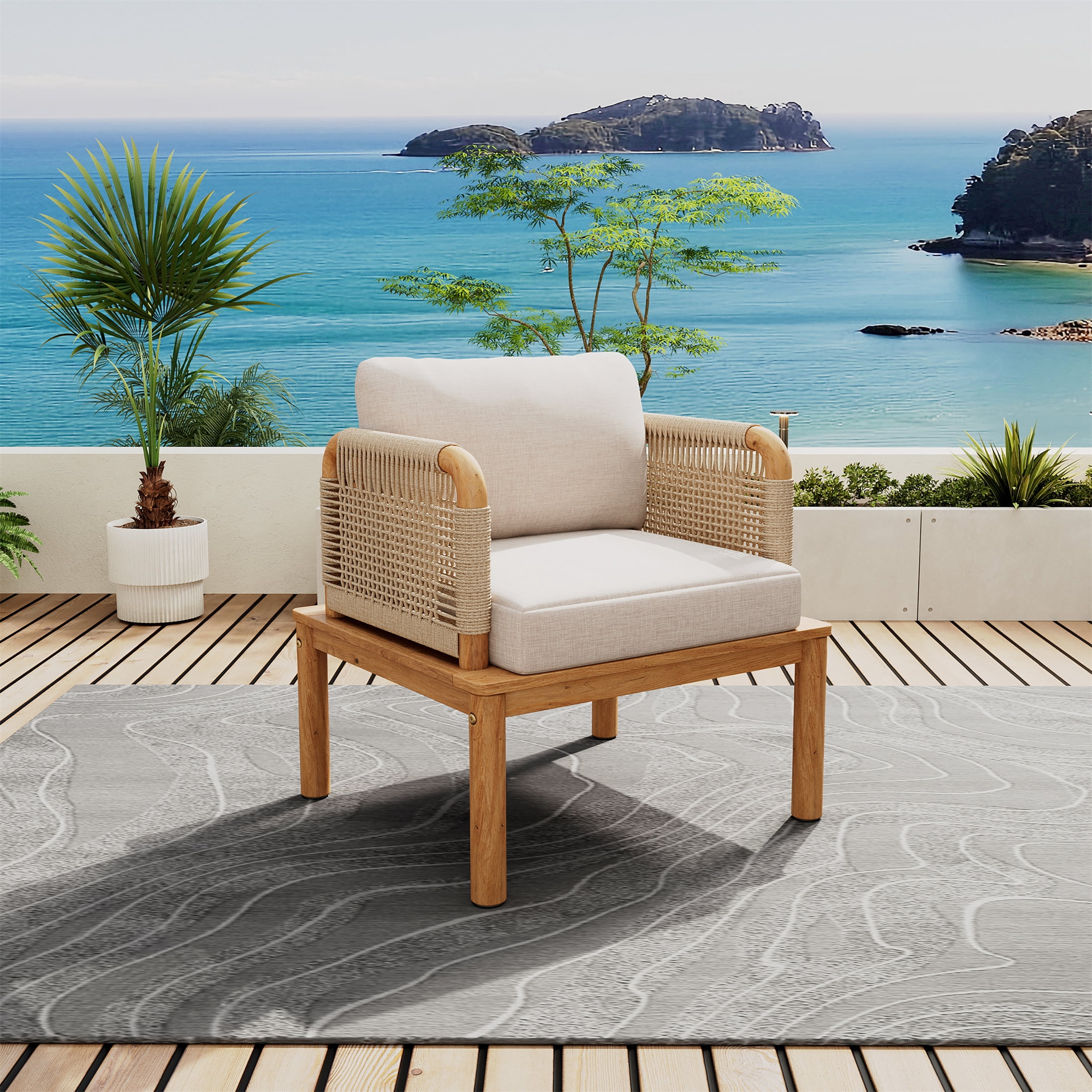 Rope Design Club Chair, Outdoor Acacia Wood Chair with Cushions for Patio Garden, Teak and Beige