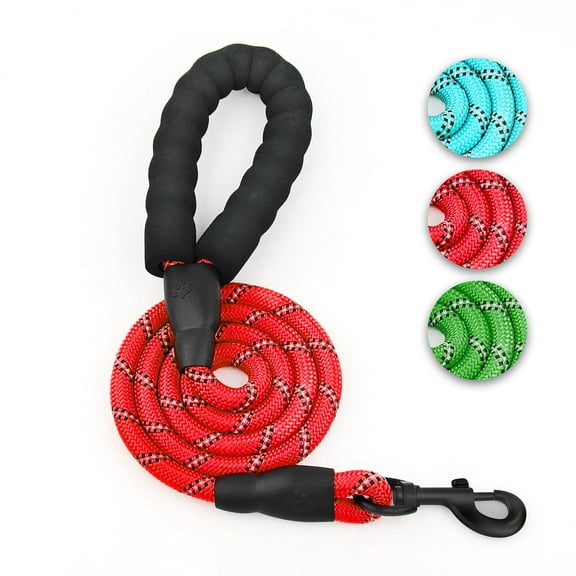 Rope Dog Leash 5 FT with Comfortable Padded Handle, Highly Reflective Threads Strong Dog Leash for Puppies Small Medium and Large Dogs - Red