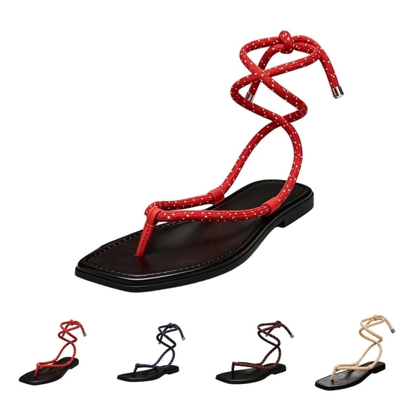 Rope Flat Sandals for Women - Strappy Open Toe Thong Sandals Summer Slingback Slip On Slide Sandals with Adjustable Strap