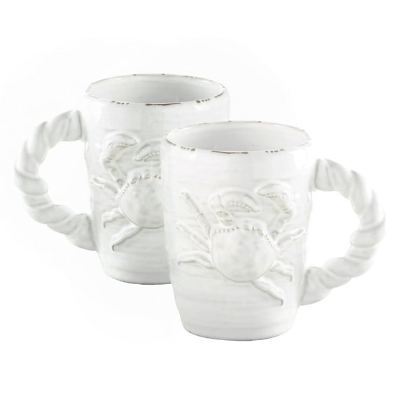 Rope Handle Crab Mugs 12 Ounce White Terracotta Coffee Latte Tea Set of 2