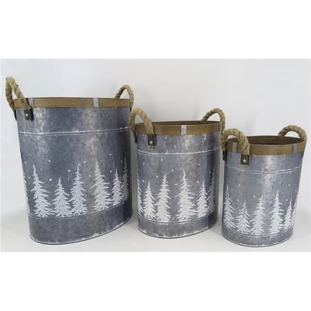 Rope Handles Brown Trim & White Tree Patterns Metal Planters, Set of 3