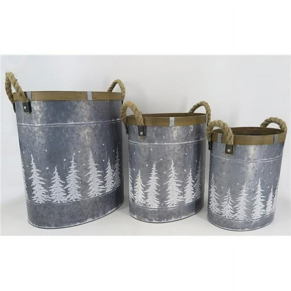 Rope Handles Brown Trim & White Tree Patterns Metal Planters, Set of 3