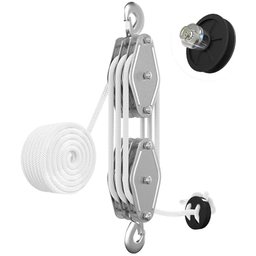 Rope Hoist Pulley System, 2200LB Pulley Block and Tackle, 6:1 Ratio Lifting Power 50ft, Heavy Duty Pulley Block for Hunting Lifting Heavy Objects Garage Warehouses Building