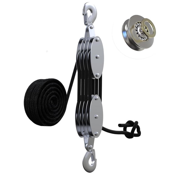 Rope Hoist Pulley System with Metal Bearing, 4400LB Pulley Block and Tackle, 8:1 Lifting Power 65ft, Heavy Duty Pulley Block for Hunting Lifting Heavy Objects Garage Warehouses Building