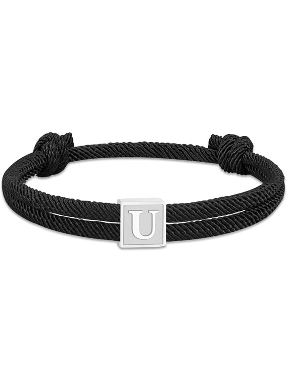 Rope Initial Bracelet for Men Boys, Stainless Steel A-Z Letter Charm Bracelet, Handmade Braided Bracelet Adjustable 7-13 Inches Jewelry Gifts for Him