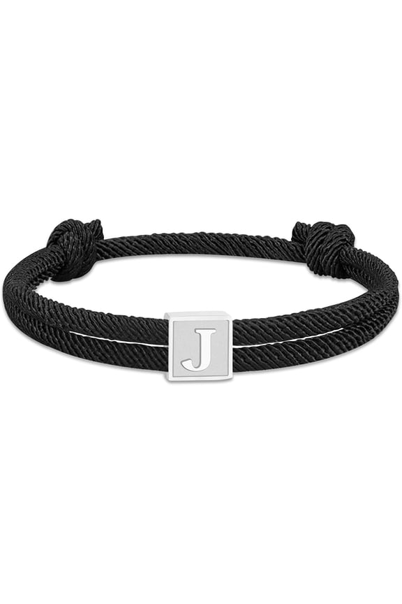 Rope Initial Bracelet for Men Boys, Stainless Steel A-Z Letter Charm Bracelet, Handmade Braided Bracelet Adjustable 7-13 Inches Jewelry Gifts for Him