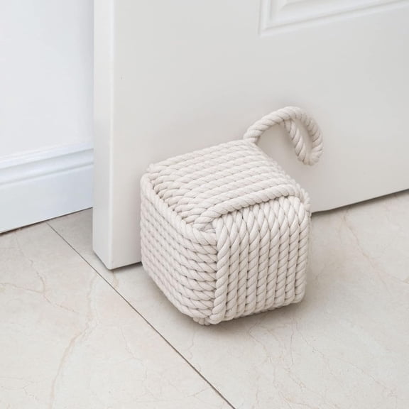Rope Knot Door Stops Decorative Nautical Door Stopper Handmade with Handle, Weighted Interior Square Doorstop Sailor Knot for Door and Window - Beige (5"x5", 4.4lbs)
