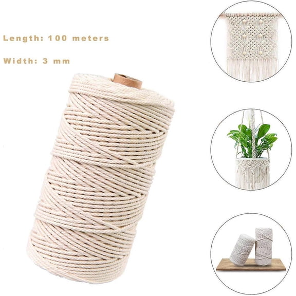 Rope Natural cotton yarn, cotton yarn craft, white cotton cord, DIY cord, macrame yarn (100M-3mm)