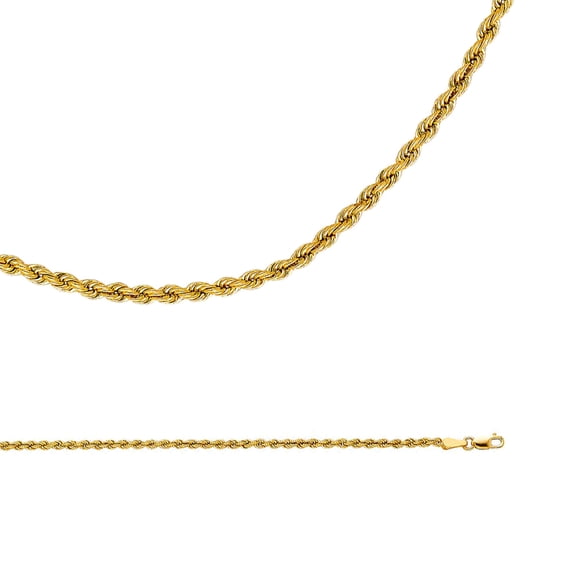 Rope Necklace Solid 14k Yellow Gold Chain Hollow Twisted Diamond Cut Polished Light, 2.5 mm - 24 inch