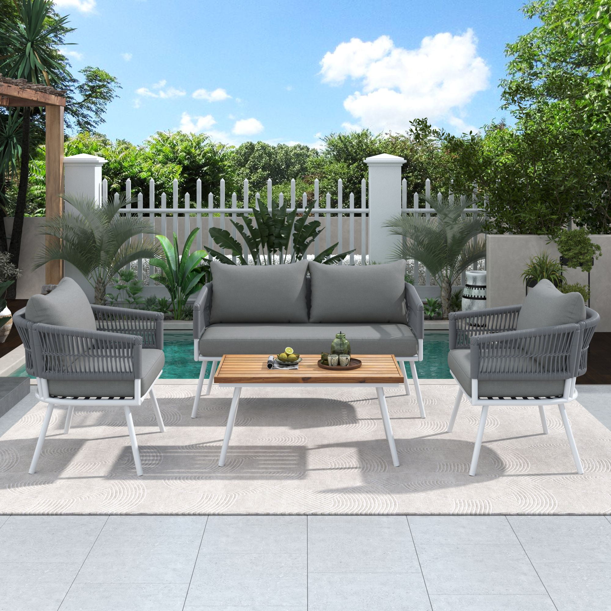 Rope Patio Outdoor Furniture Set 4 Pieces Patio Metal Conversation Sets ...