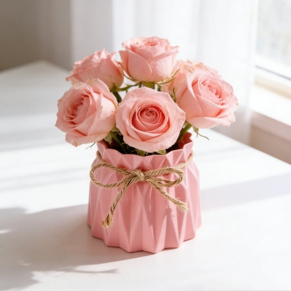 Rope Plastic Vase, 4 Inch Faux Ceramic Flower Pot, European Modern Centerpiece, with Jute Rope Wrap for Living Room Office Pink