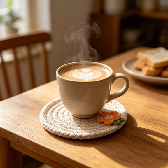 Rope Set of Handmade Woven Round Cup Mats, Heat Absorbent and Natural Material, Boho Style Kitchen Decor, 4-Piece Gift Set