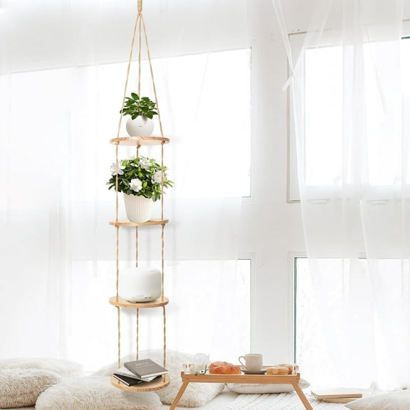 Rope Shelf from Ceiling for Narrow Space or window Boho Shelves, Pine Wooden Stand Display for Indoor, Outdoor, Corner, Balcony, Room and