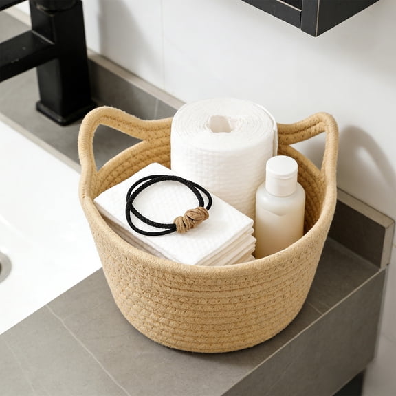Rope Storage Basket With Cats Ear Handles, Decorative Desktop Organizer For Keys Cosmetics Sundries, Durable Cotton Weave Multi-Purpose Storage Solution For Bedroom Bathroom Living Room