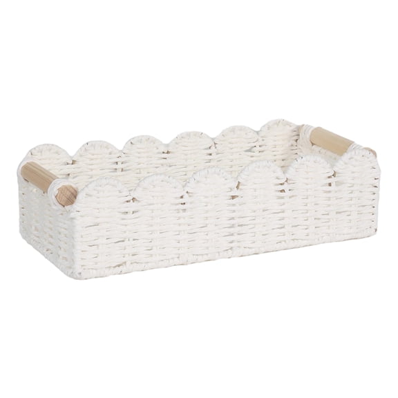 Rope Storage Basket, Storage Bin, Storage Organizer, 14*6.3*4in, Paper Fiber Weave, Scalloped Trim, Woven BasketwithHandles, Desktop, White, 1 Pc