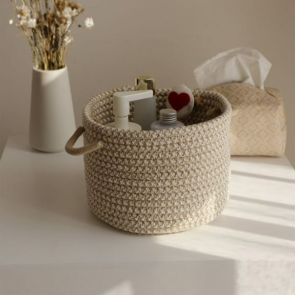 Rope Storage Woven Basket Round Oval Desktop Organizer for Small Items, Bedside Bathroom Kitchen Counter Caddy, Breathable Cotton Rope Catchall for Remote Controls Keys, 1 Pack