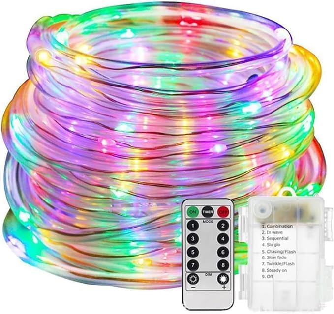 Rope String Lights, 12M/39ft 100LED Waterproof 8 Mode/Remote Battery Christmas Lights,Battery Powered String Lights Outdoor Indoor for Christmas Decorations