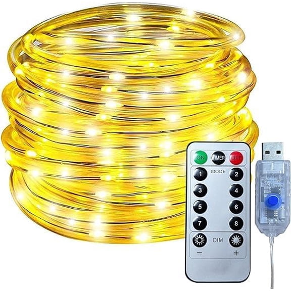 Rope String Lights, 12M/39ft 100LED Waterproof 8 Mode/Remote USB Tube Lights Christmas Lights,String Lights Outdoor Indoor for Christmas Decorations