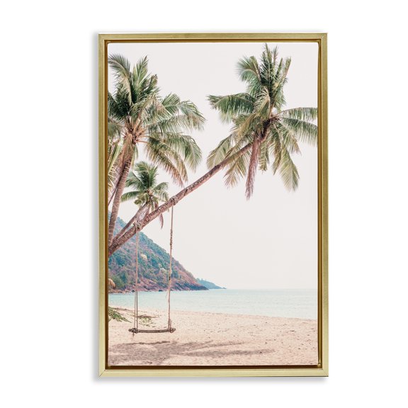 Stupell Industries Rope Swing on Palm Tree Gold Framed Floater Canvas Wall Art, design by Sisi and Seb, 31 x 21