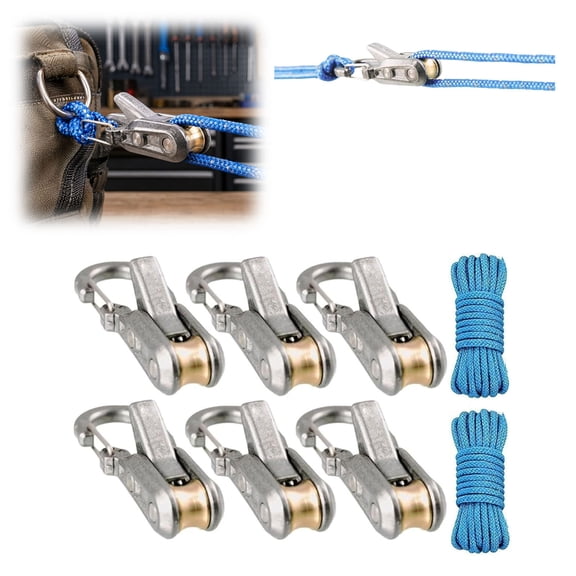 Rope Tensioner with Hook – Aluminum Camping Seilspanner Tent Guyline Tightener, Windproof Cord Adjuster for Tarp Canopy, Knot-Free Outdoor Camping Accessory Kit (6 hooks and 2 ropes)