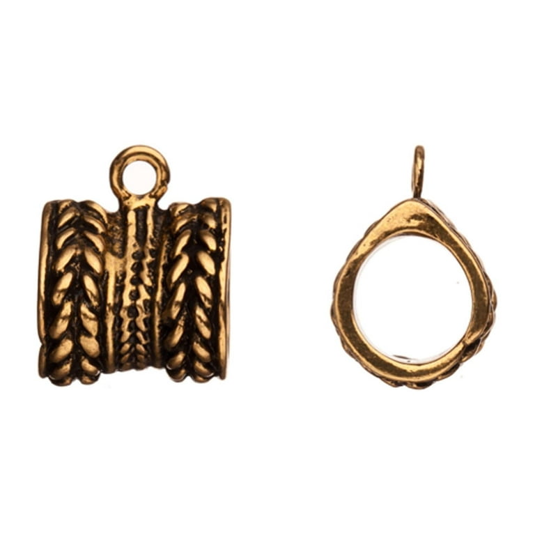 Rope Texture Bead With Ring Leather Cord Charm Antique Gold-Plated Fits  10x10.5mm Cord, 22x17mm 