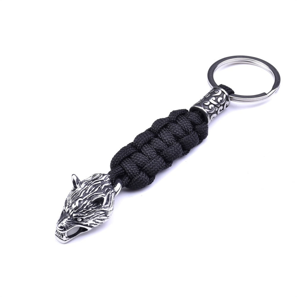 Paracord Key Ring with Wolf Head and Beads Durable Rope Weaving Keychain Stainless Steel Keyring 15cm Length Paracord