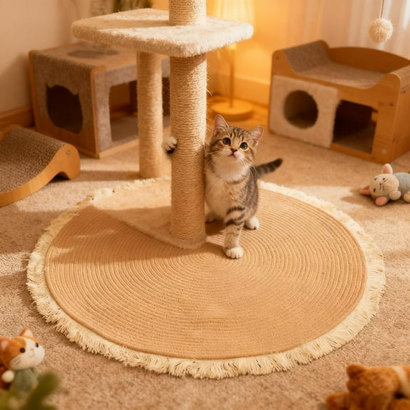 Rope Woven Cat Scratching Rug Reversible Round Floor Mat Natural Fiber Soft Textured Washable Pet Scratch Pad for Living Room Bedroom 47.24 Inches