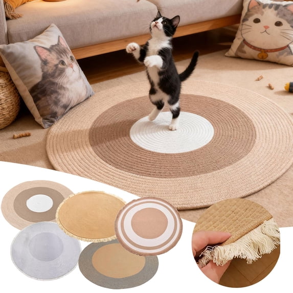 Rope Woven Cat Scratching Rug Reversible Round Floor Mat for Cats Natural Fiber Textured Washable Indoor Scratch Pad for Living Room Bedroom 17.72"