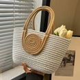 thumbnail image 1 of Rope Woven Tote Bag, Large Capacity Shoulder Bag for Daily & Beach Use, Khaki White Splicing, 12.6x7.87x3.94in, Durable & Casual, 1 of 6