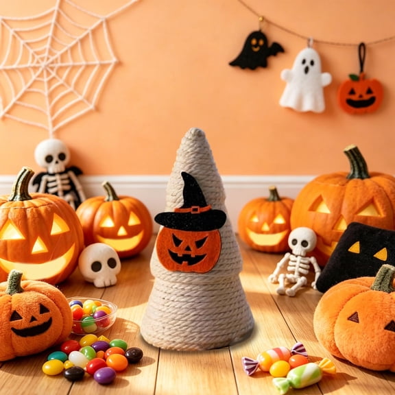 Rope Wrapped Halloween Cones Decor for Tiered Tray, Set of 5 Felt Bat Pumpkin Ghost Witch, 4.33 Inch Tabletop for Boho Home Layout
