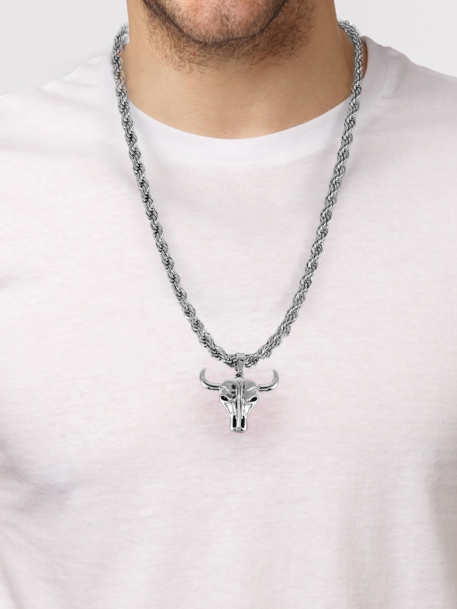 Men's Steer Head Pendant Necklace, Silver-Plated, 1 Pack