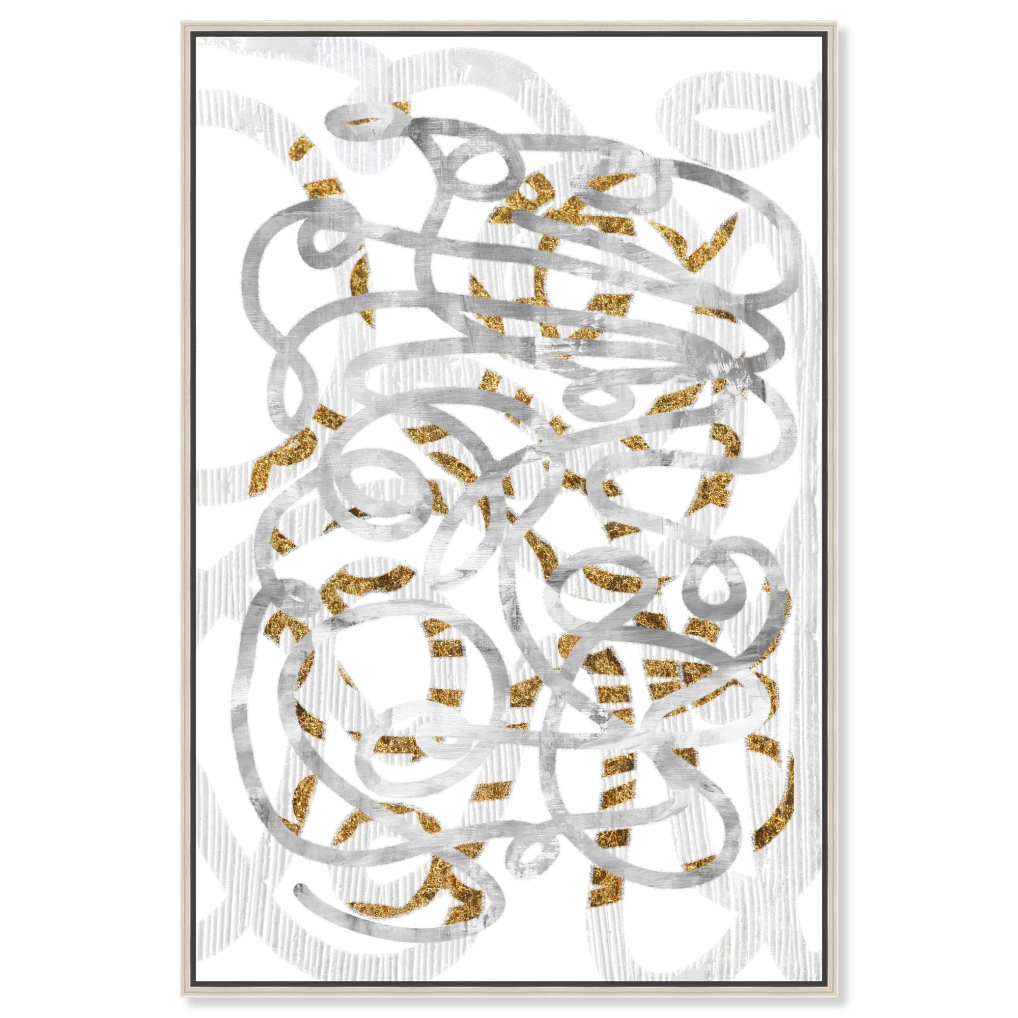 Elegant White and Gold Abstract Canvas Art with Silver Frame, 36" x 54"