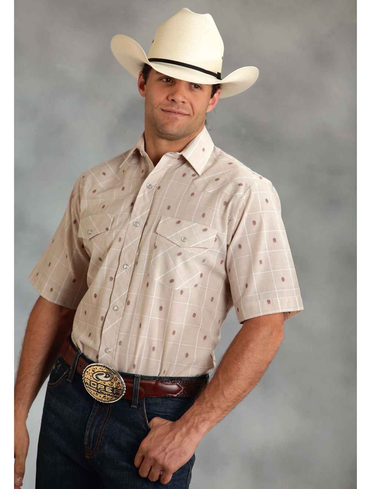 Roper 0171 Men's Short Sleeve Western Style Shirt Beige Windowpane