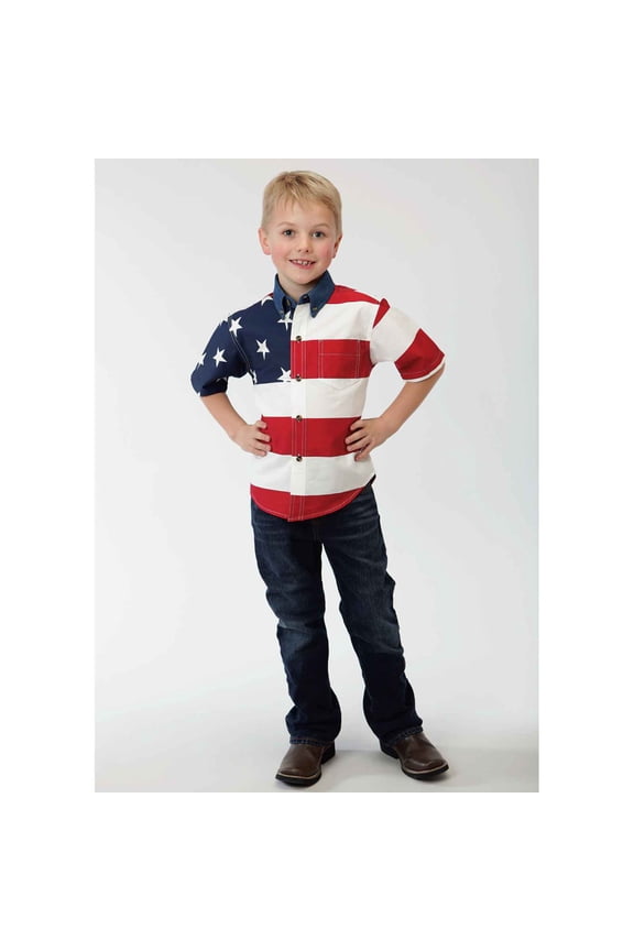 Boy's Denim Collar Stars Stripes Pieced American Flag White L, 0185