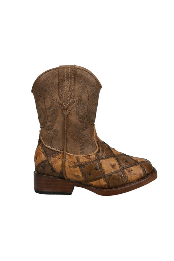 Boys Bird Blocks Checkered Square Toe Cowboy Mid Calf Boots