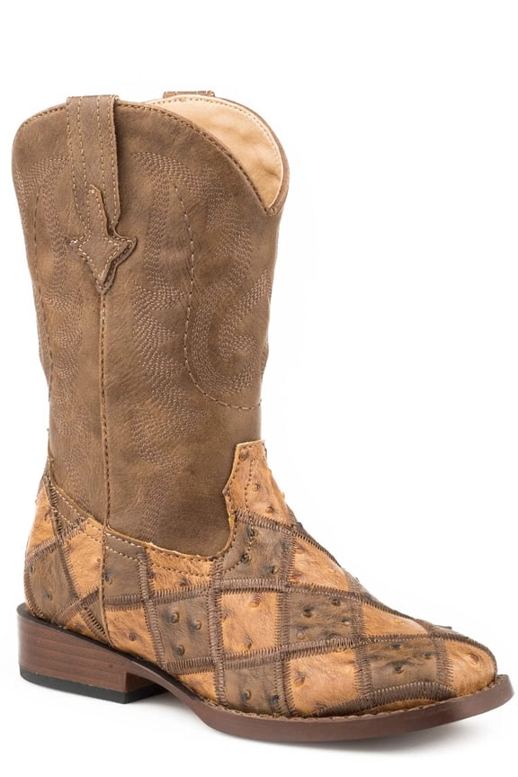 Boys Bird Blocks Ostrich Square Toe Cowboy Mid Calf Boots