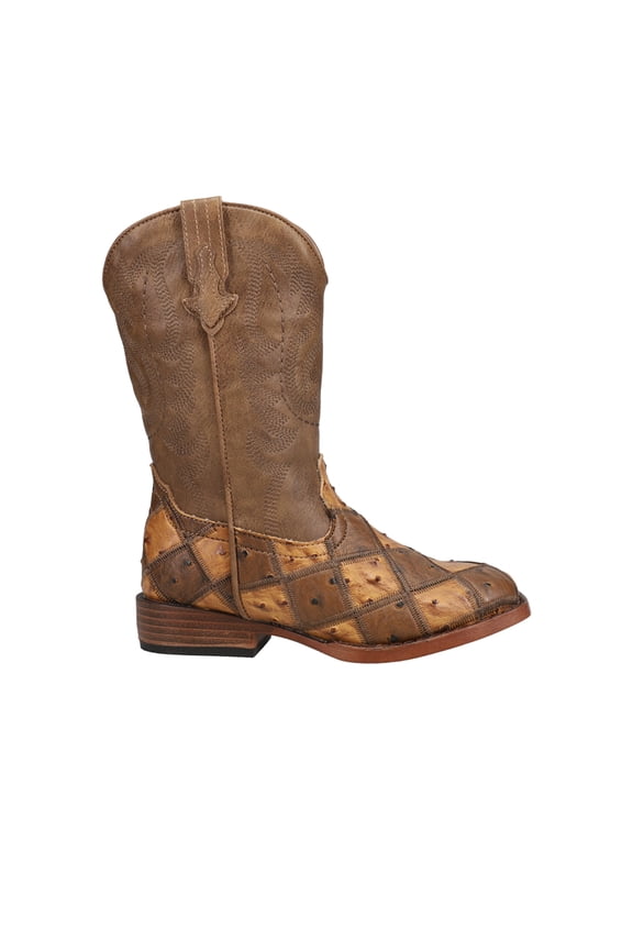 Boys Bird Blocks Ostrich Square Toe Cowboy Mid Calf Western Boots