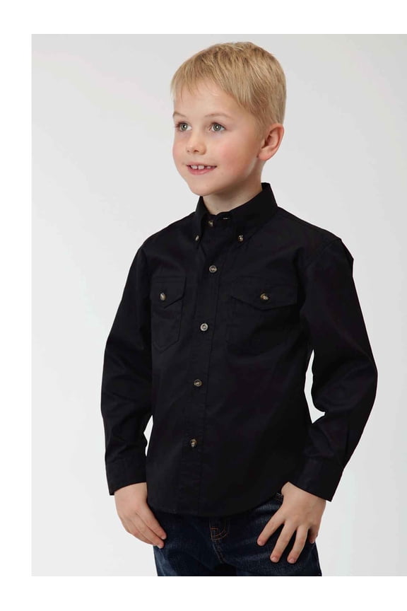 Boys Black Solid Long Sleeve Western Button Shirt