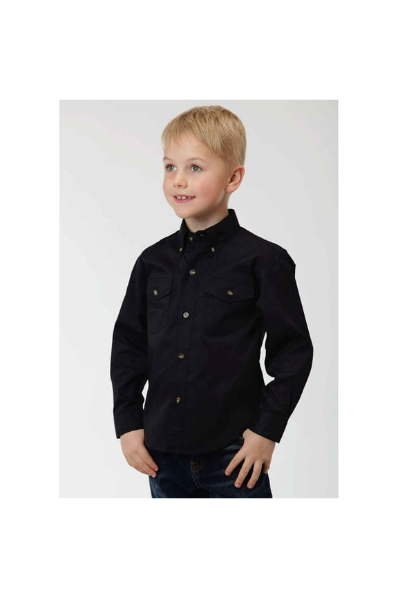 Boys Black Solid Long Sleeve Western Button Shirt