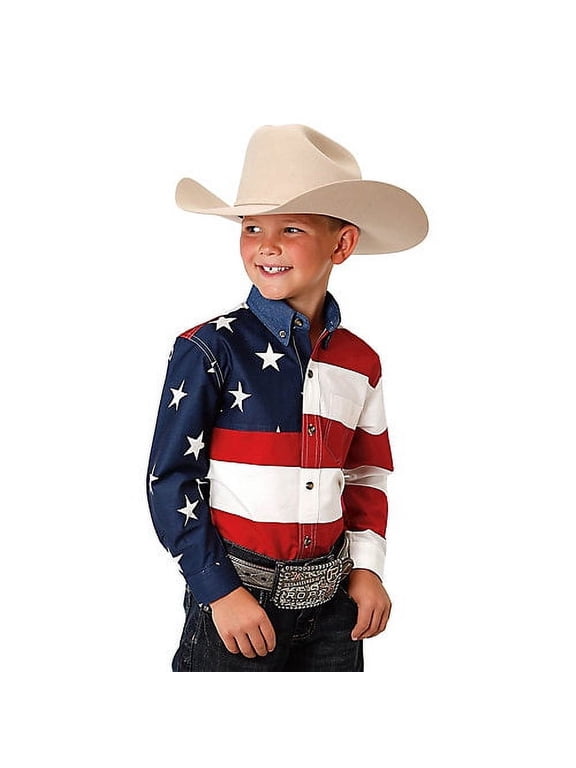 Boys Red White And Blue Stars And Stripes Pieced American Flag Long Sleeve Western Snap Shirt