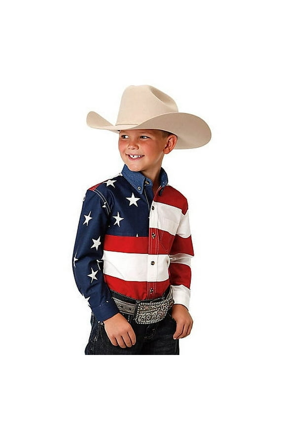 Boys Red White And Blue Stars And Stripes Pieced American Flag Long Sleeve Western Snap Shirt
