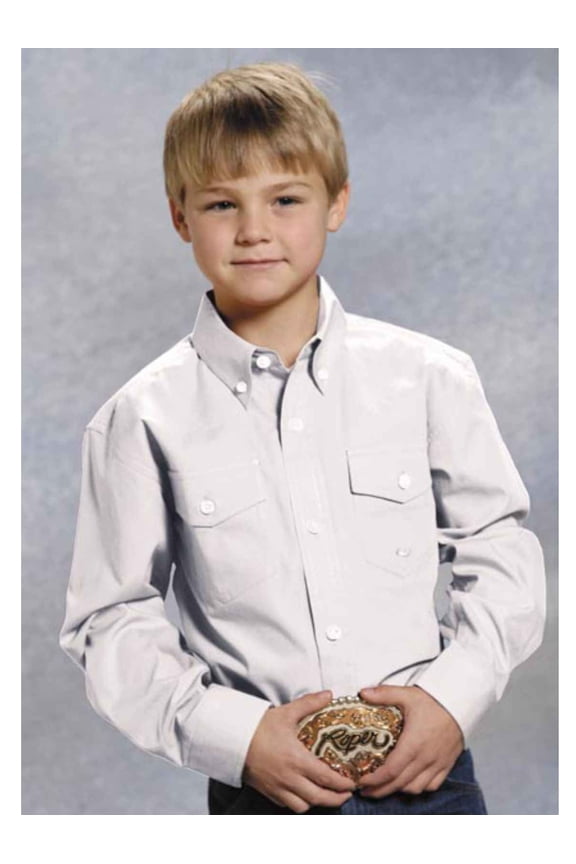 Boys White Solid Long Sleeve Western Button Shirt