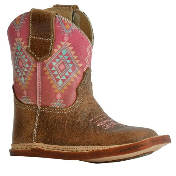 Roper Footwear Boys Infant Roper Dakota Leather Vamp and Printed Coral and Aztec Shaft 1 Tan