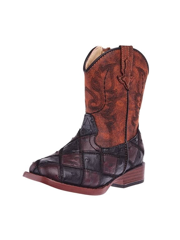 Footwear Boys Roper Toddler Bird Blocks and Black Faux Ostrich Patchwork Cowboy Boot 8 M Brown
