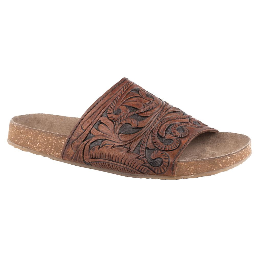 Roper Footwear Womens Roper Cognac Black Tooled Leather Slide 8 M Tan ...