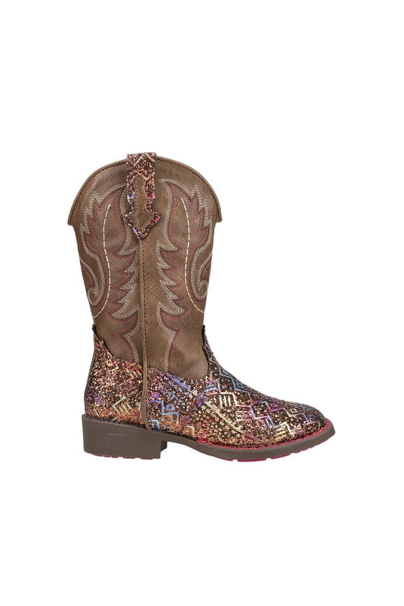 Girls Aztec Glitter Square Toe Cowboy Mid Calf Boots