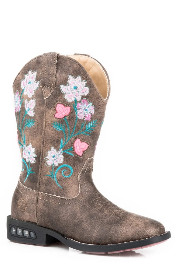 Girls Dazzle Floral Lights Square Toe Cowboy Mid Calf Boots