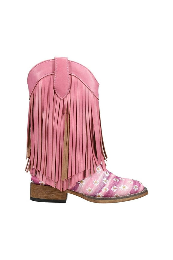 Girls Double Fringe Glitter Metallic Square Toe Cowboy Mid Calf Boo